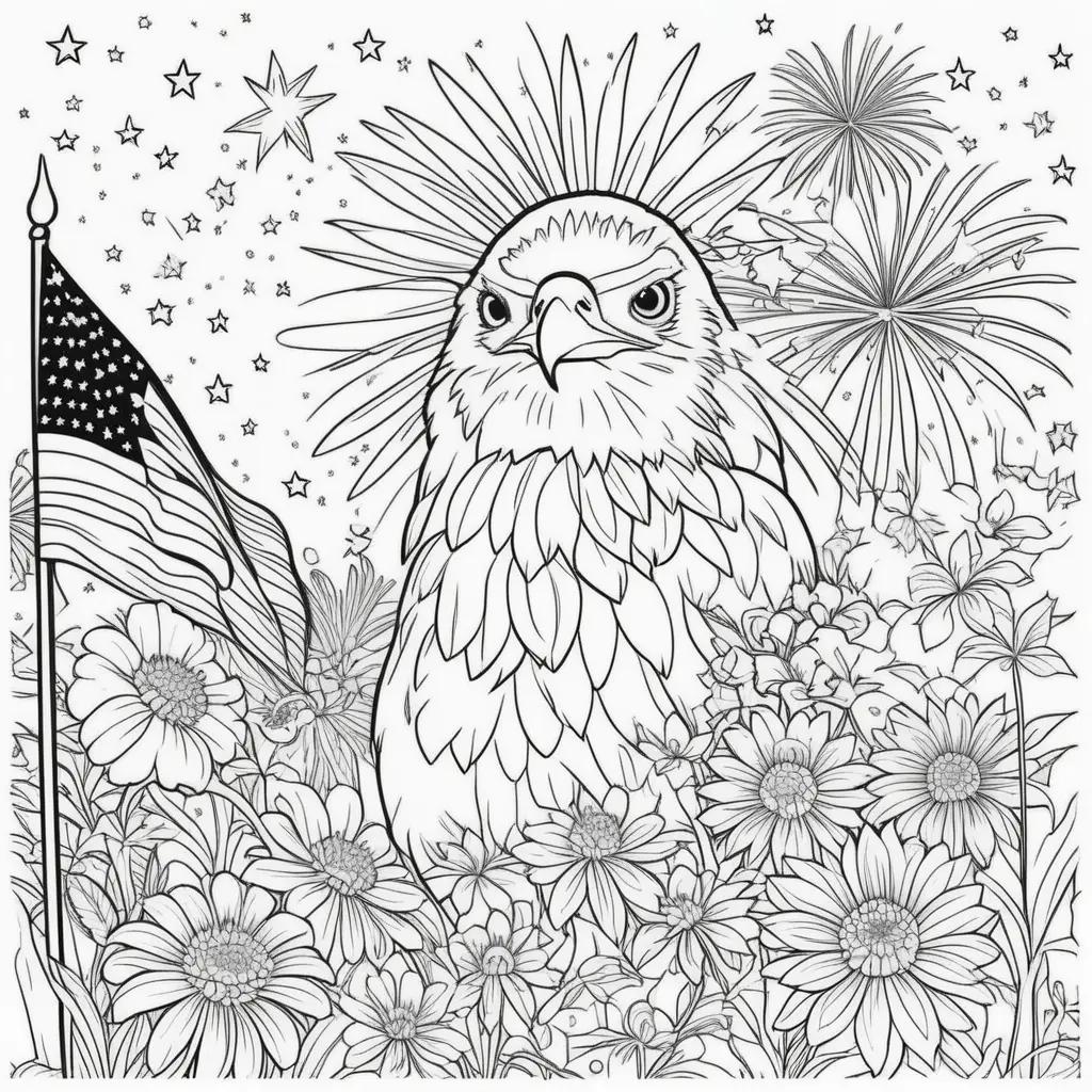 4th of July coloring pages with an eagle and flowers