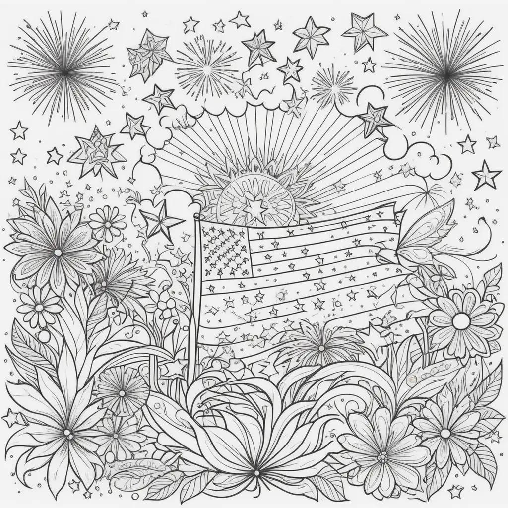 4th of July coloring pages with stars and flowers