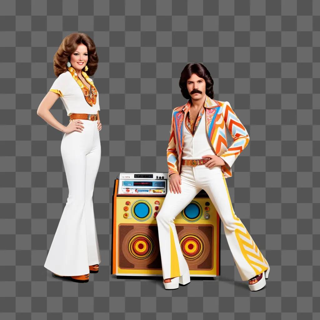 70s disco couple posing with stereo equipment