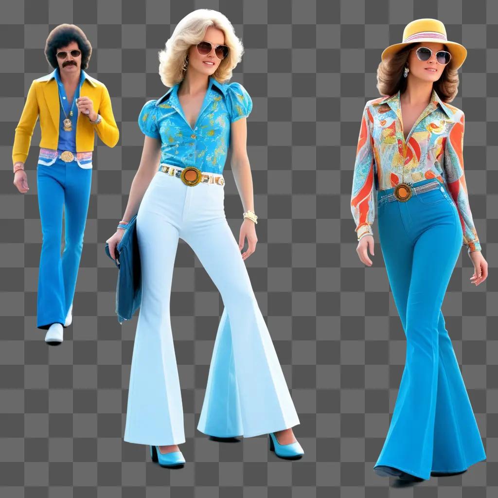 70s fashion, three people, hipster, white pants, blue shirt