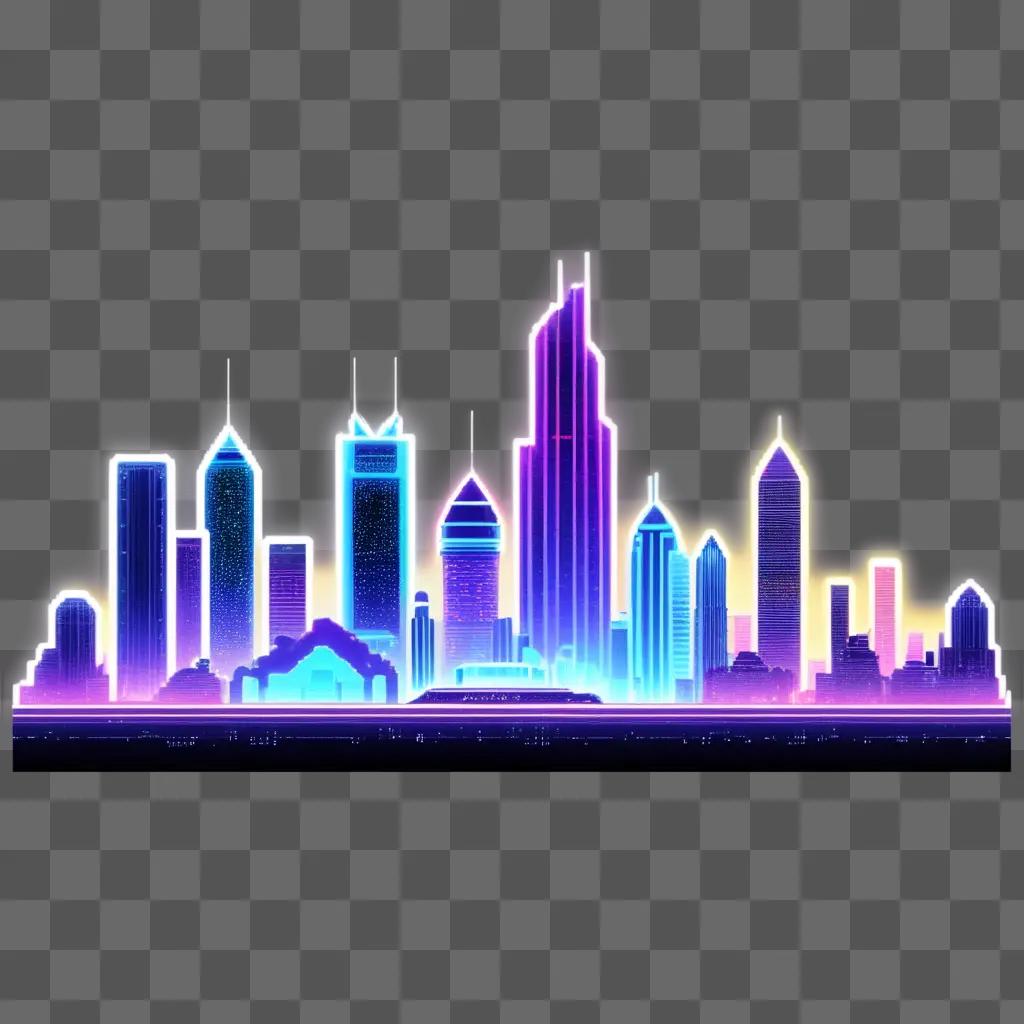 8bit neon city skyline, with a purple sky