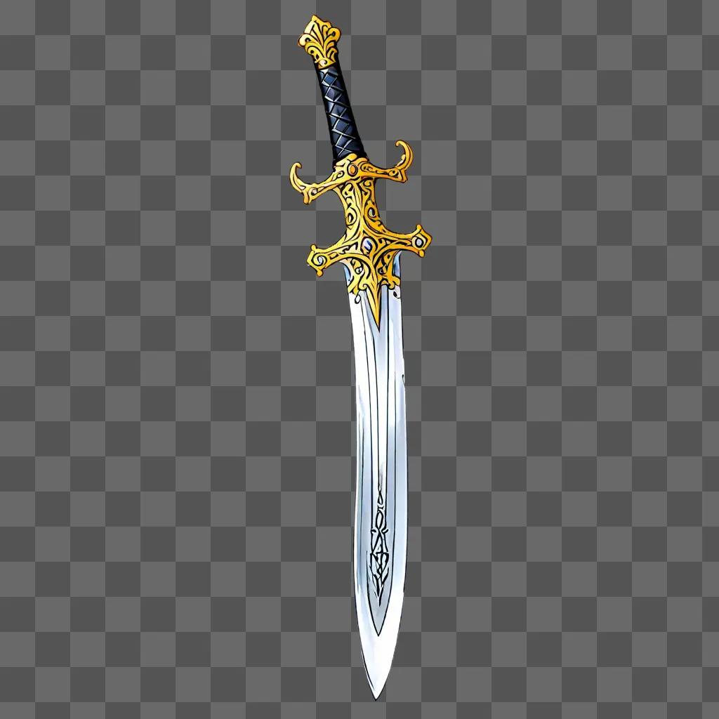 A 3D rendering of a sword with gold accents