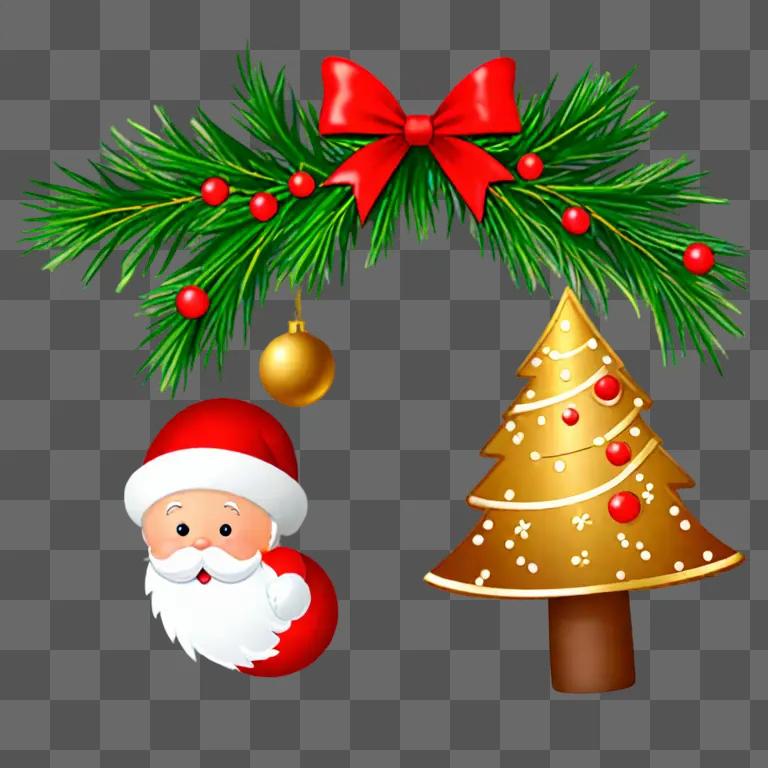 A Christmas tree and Santa with red bow on a brown background