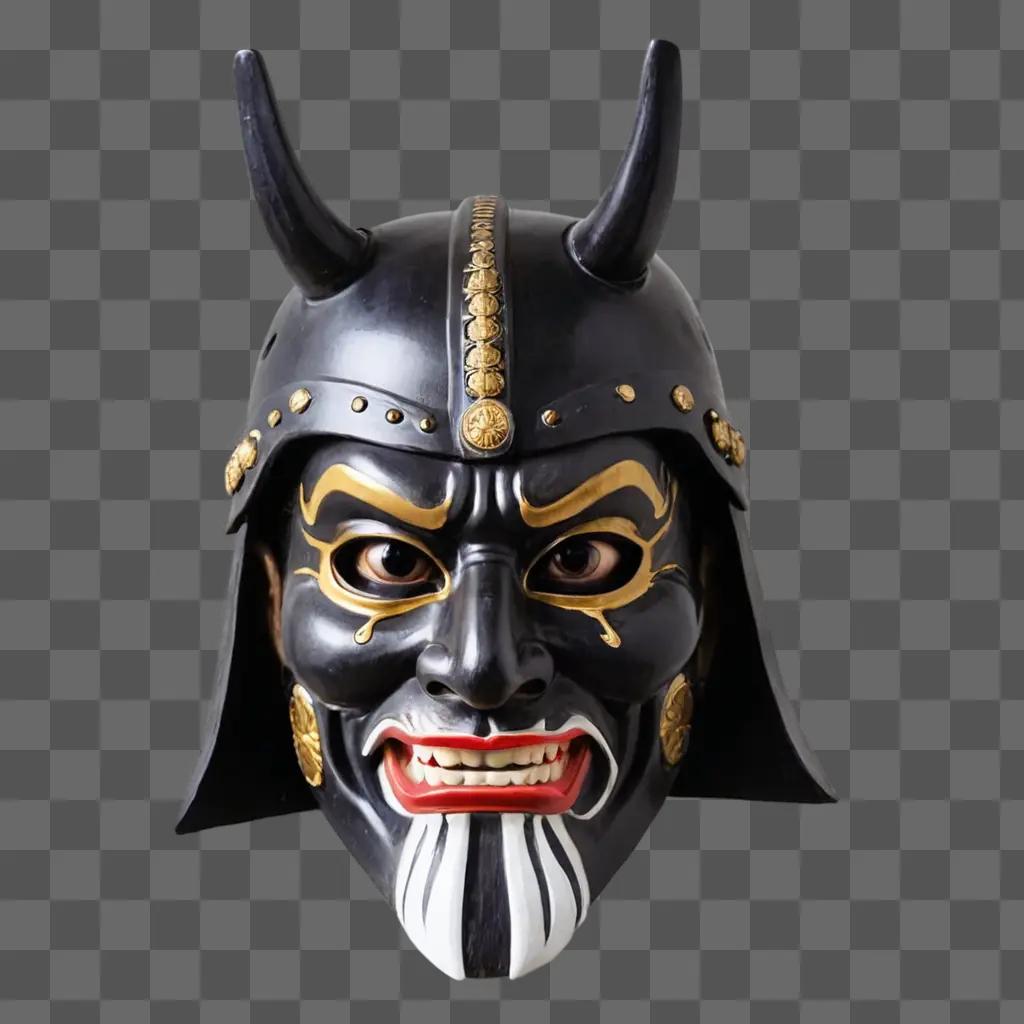 A Japanese samurai mask with horns and a red mouth