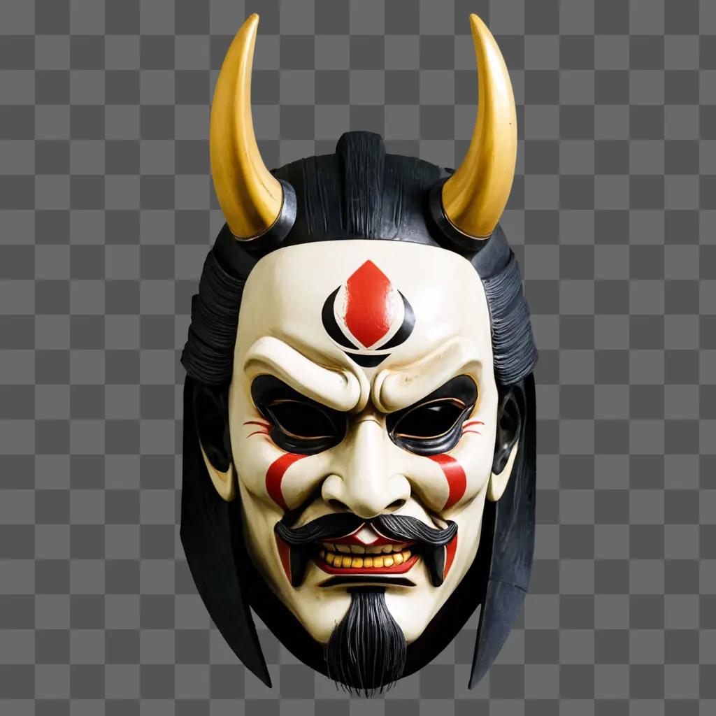 A Japanese samurai mask with horns and red and black design