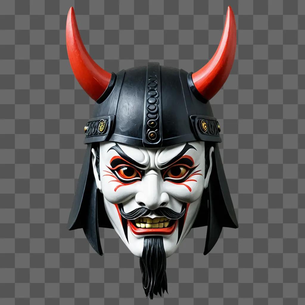 A Japanese samurai mask with horns and red horns