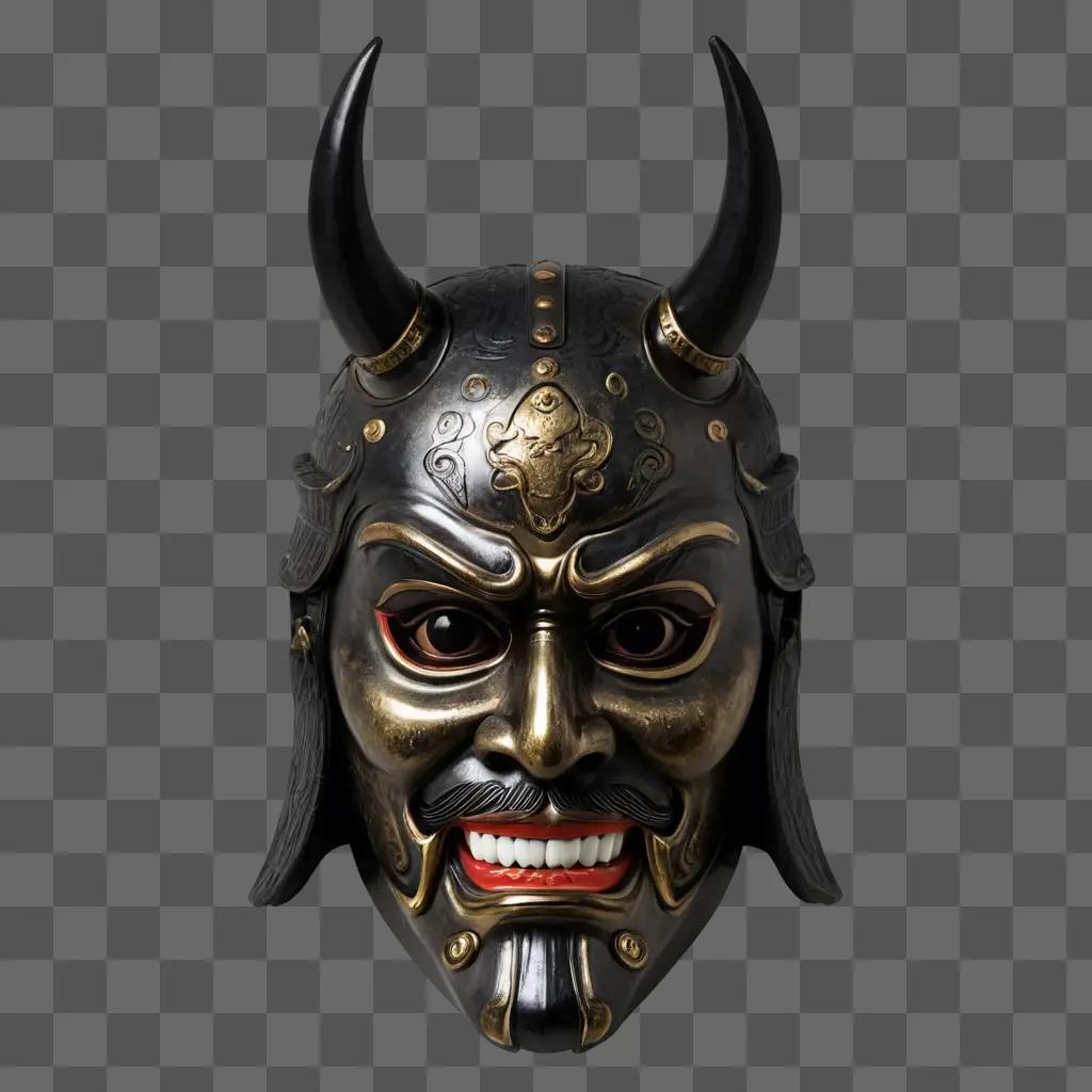 A Japanese samurai mask with horns and teeth