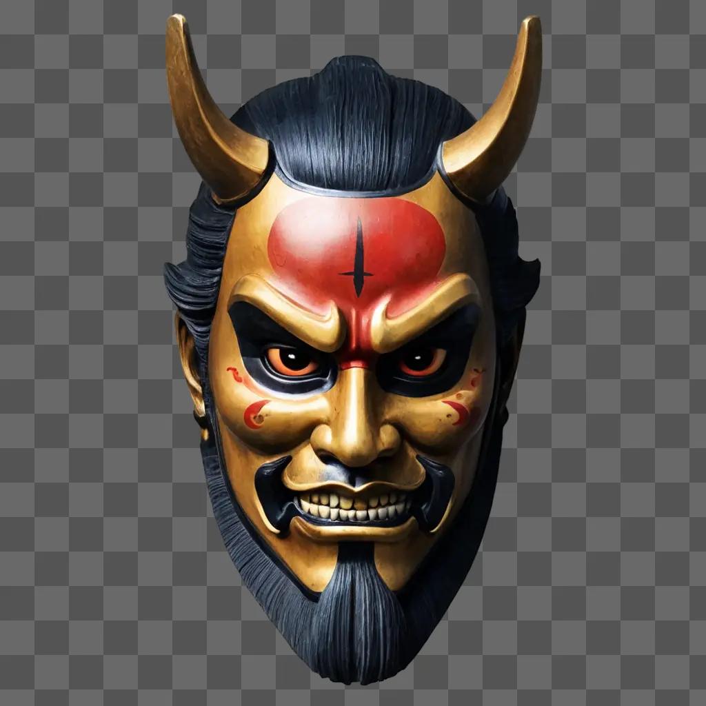 A Japanese samurai mask with horns on a brown background