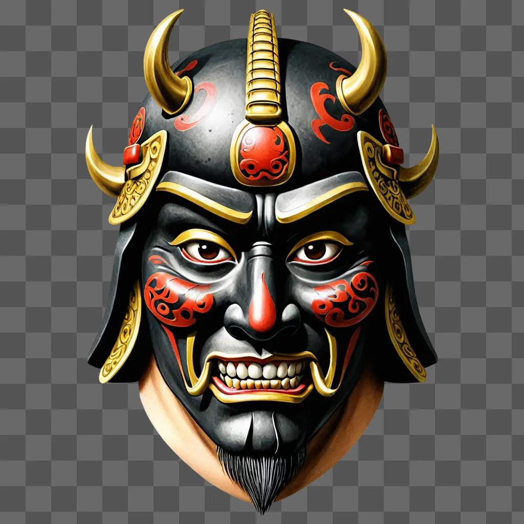 A Samurai Mask tattoo design on a mans face