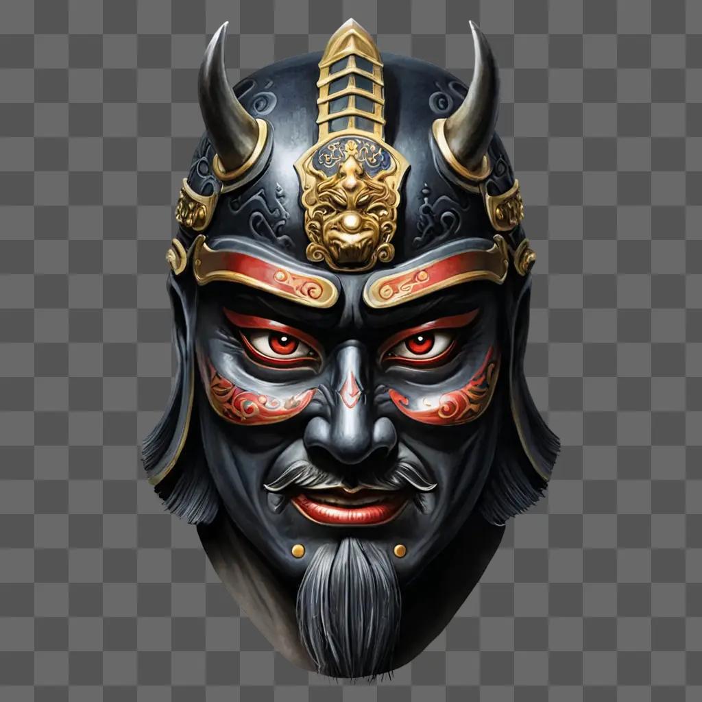 A Samurai mask tattoo design on a mans face