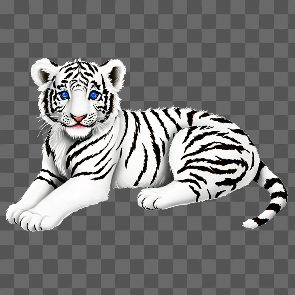 A baby white tiger with blue eyes is laying down