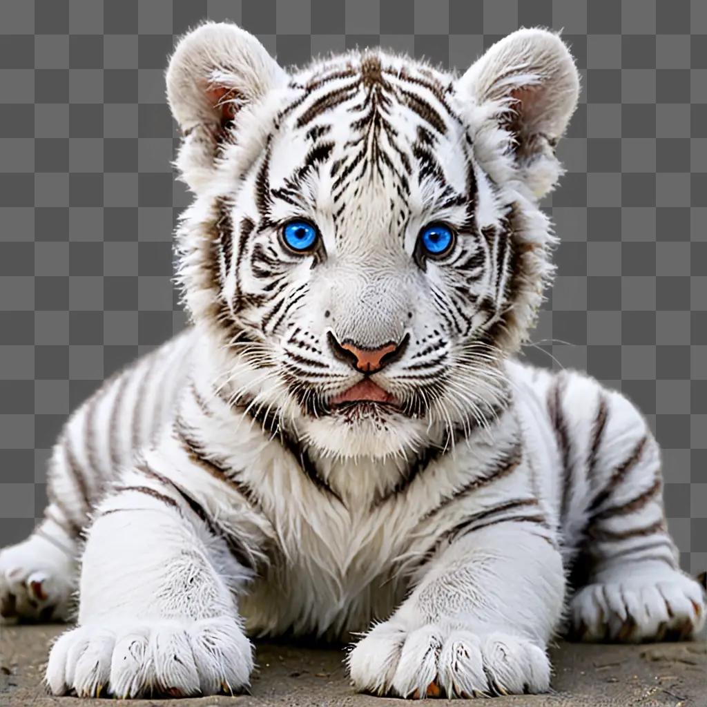 A baby white tiger with blue eyes laying down