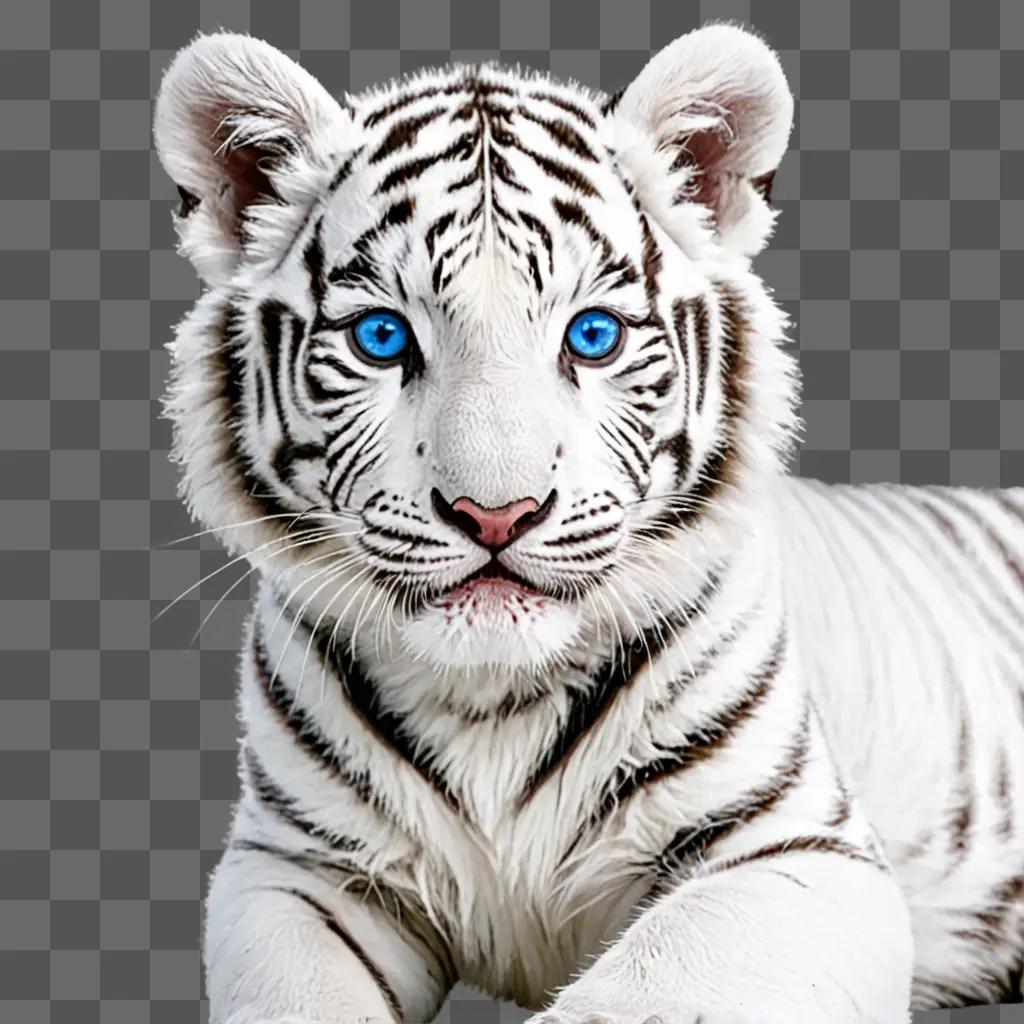 A baby white tiger with blue eyes lying down