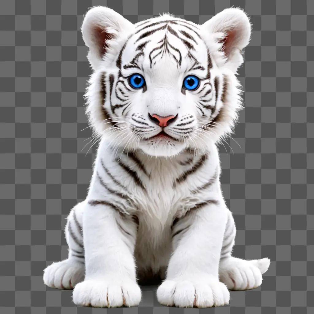 A baby white tiger with blue eyes sits on a gray background