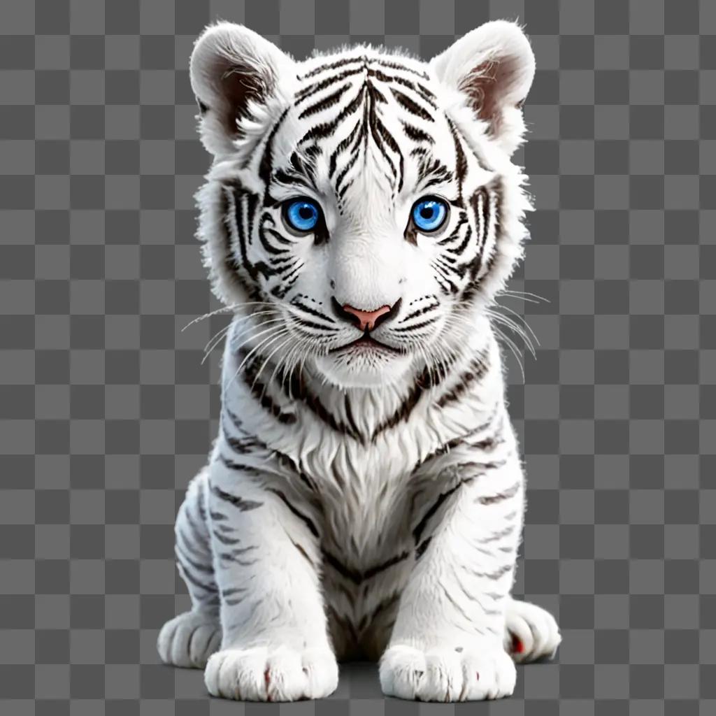 A baby white tiger with blue eyes sits on the floor