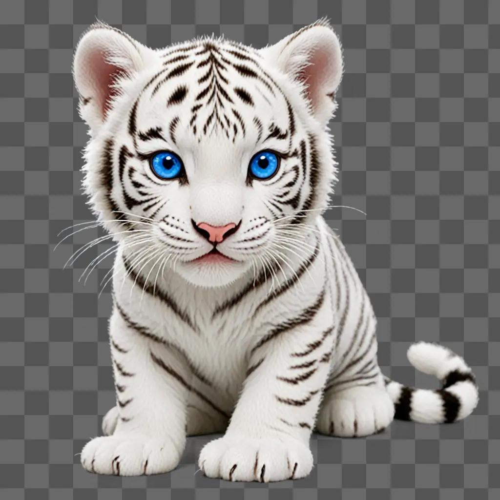 A baby white tiger with blue eyes sits on the ground