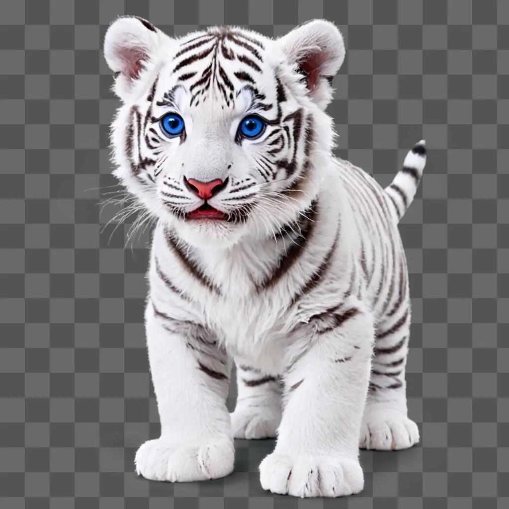 A baby white tiger with blue eyes walking on all fours