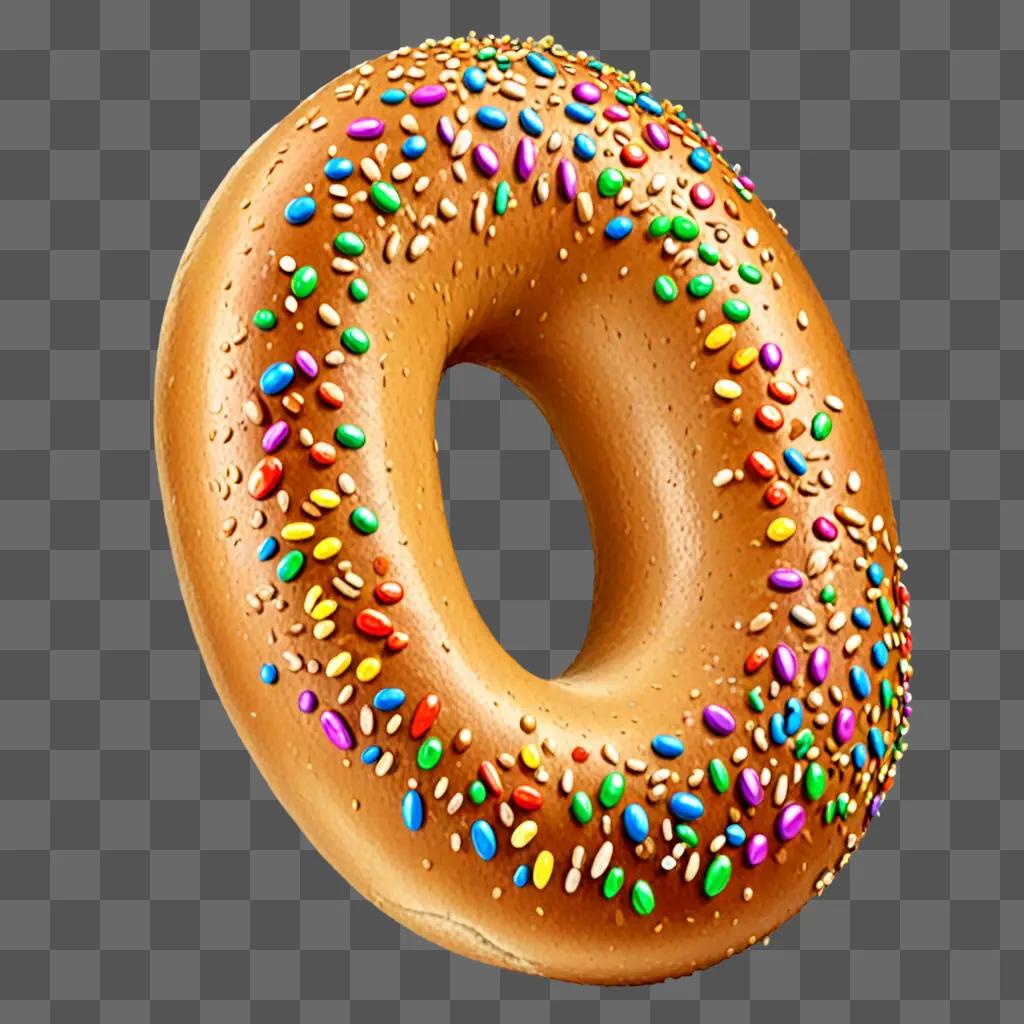 A bagel with colorful sprinkles on a beige background