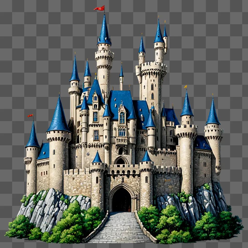 A beautiful castle drawing with a blue roof