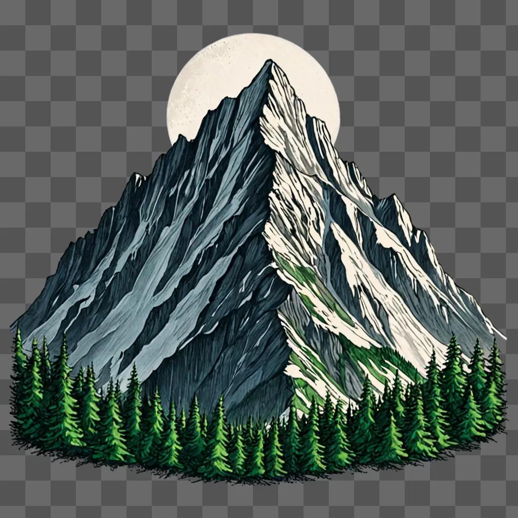 A beautiful mountain drawing of a snowy peak and pine trees