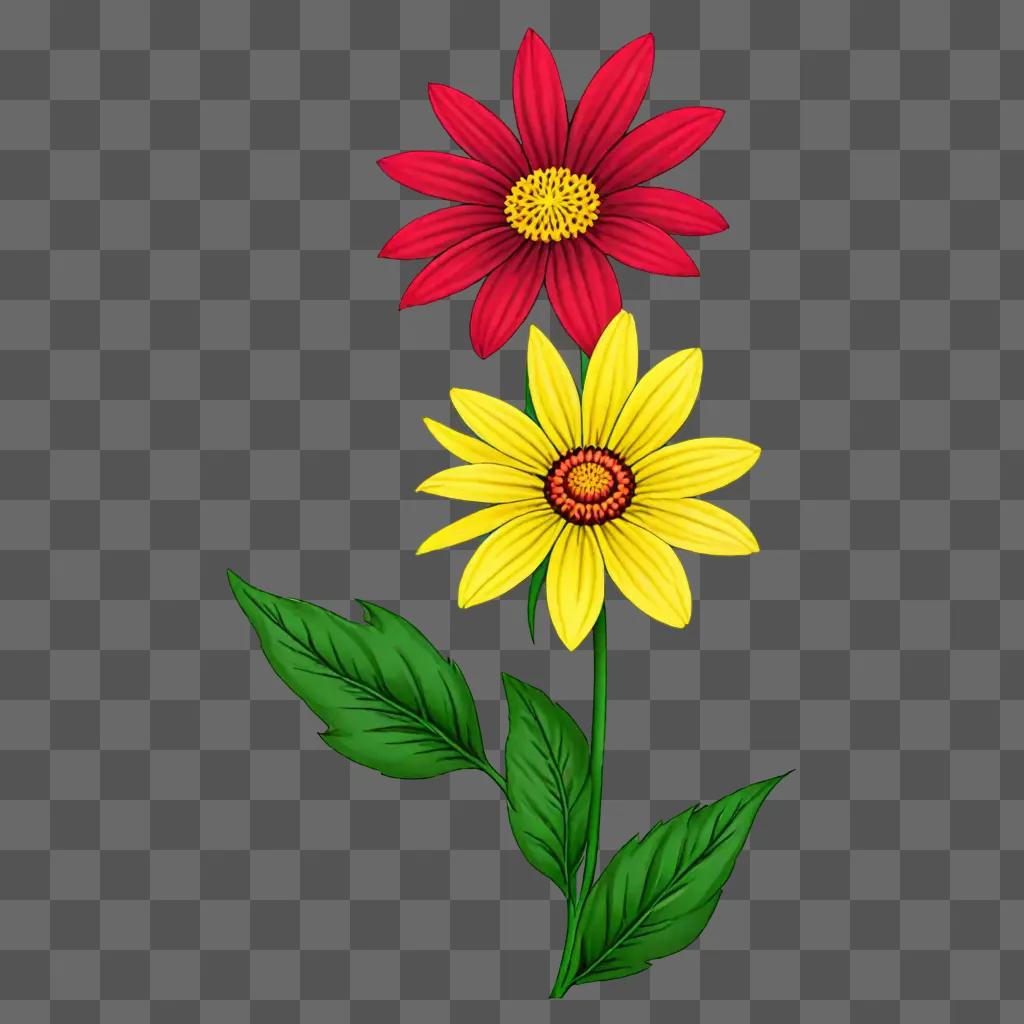 A beautiful red and yellow flower drawing on a green background