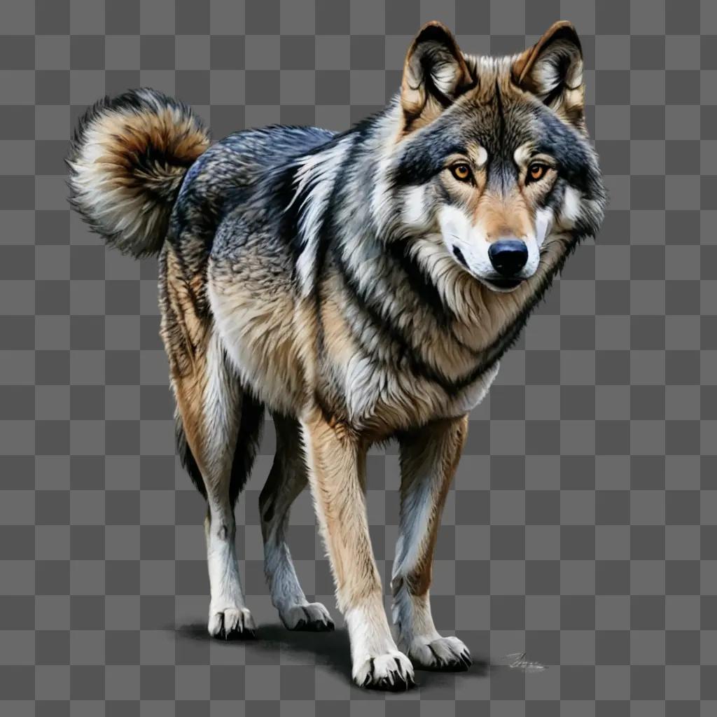 A beautiful wolf drawing with a gray background