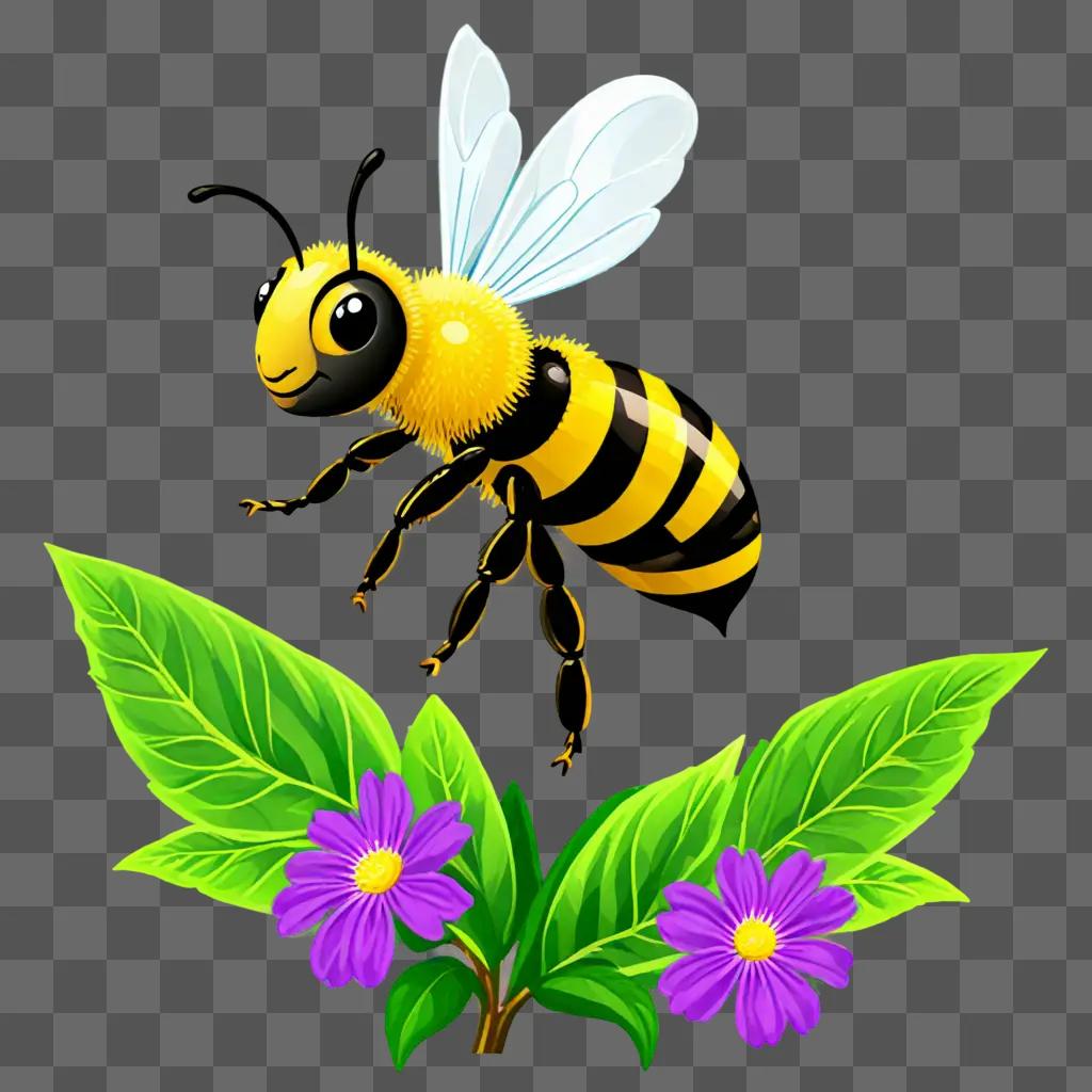 A bee clipart with purple flowers in a green background