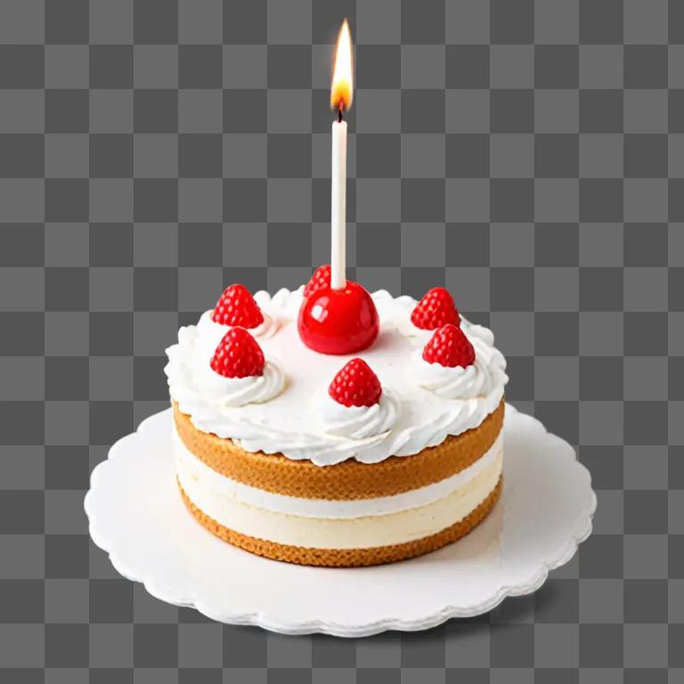 A birthday cake with a lit candle and raspberries