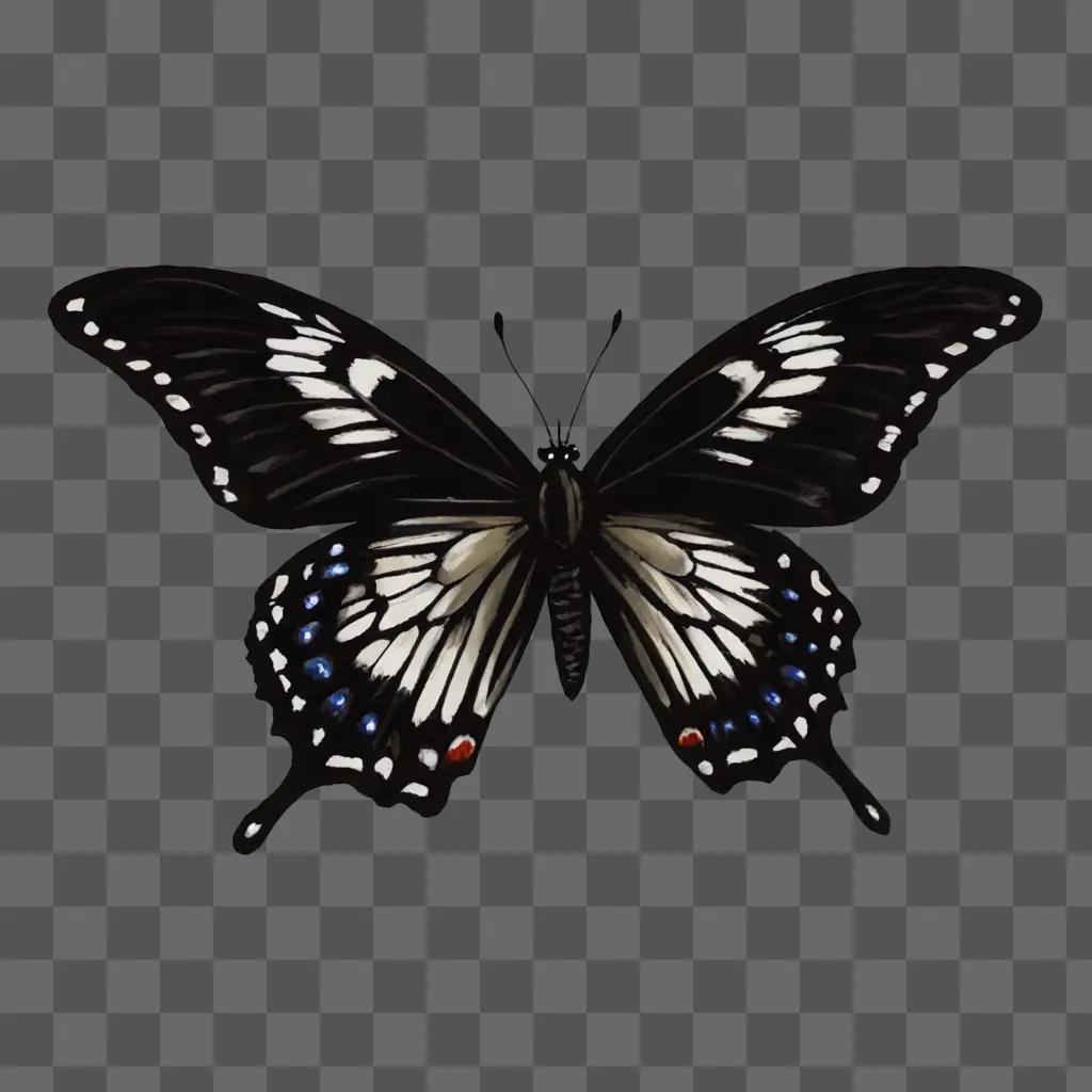 A black and white butterfly drawn simply on a black background