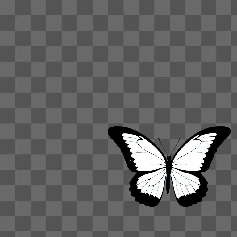 A black and white butterfly flying in a gray sky