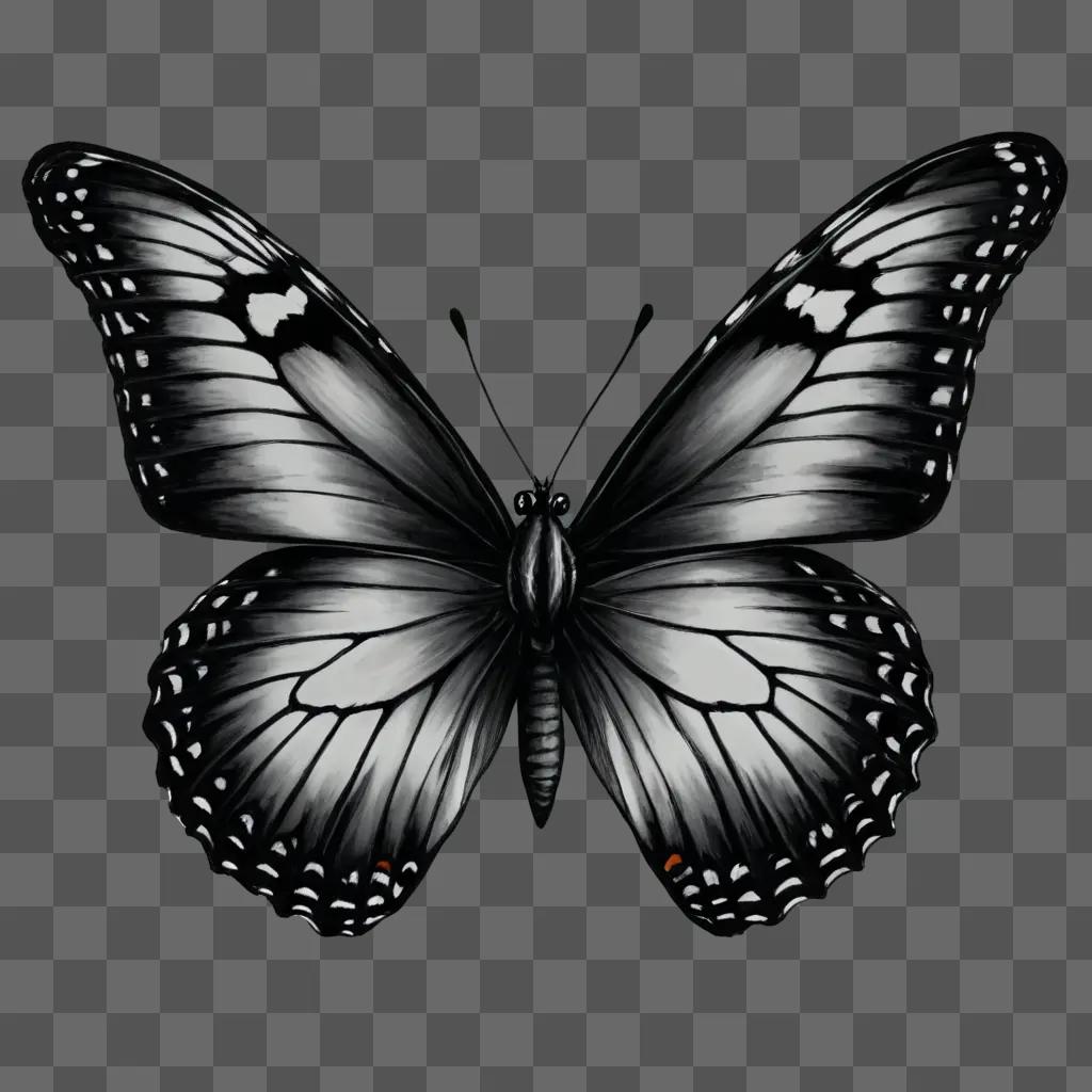 A black and white butterfly is sketched on a dark background