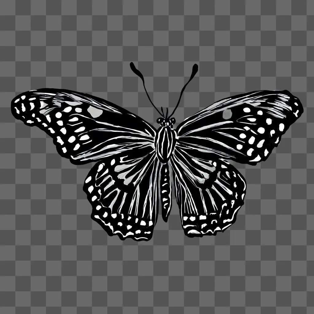 A black and white butterfly sketch on a dark background