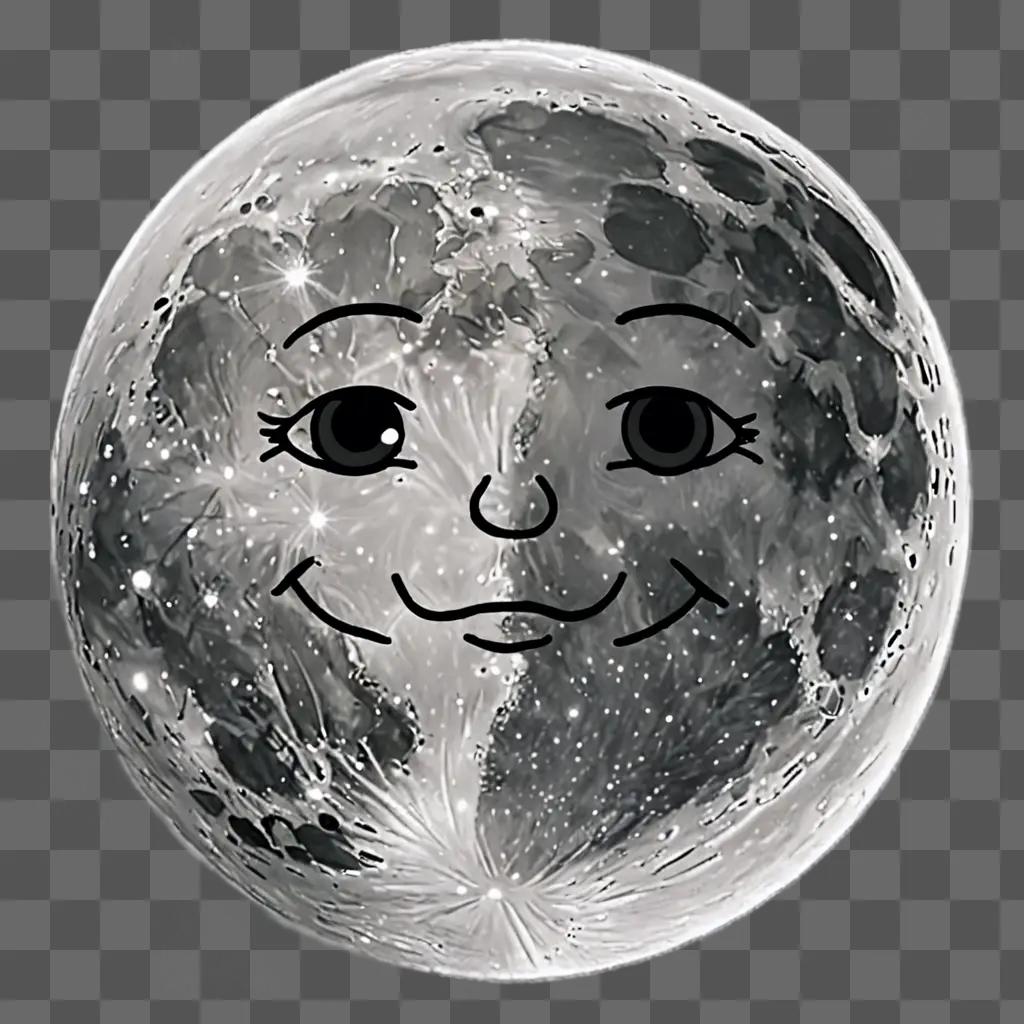 A black and white cartoon moon drawing with a happy face