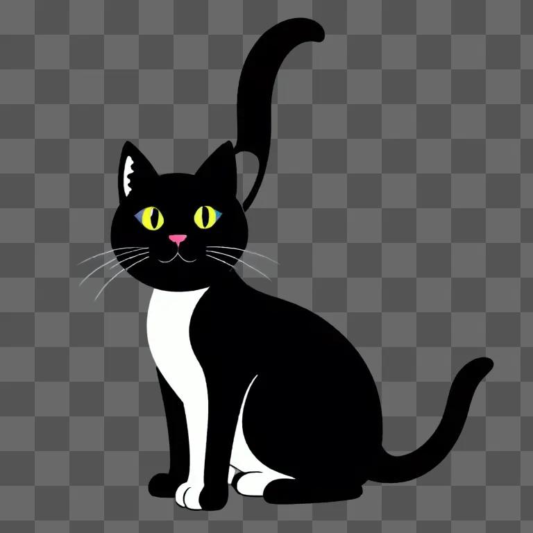 A black and white cat clipart with yellow eyes