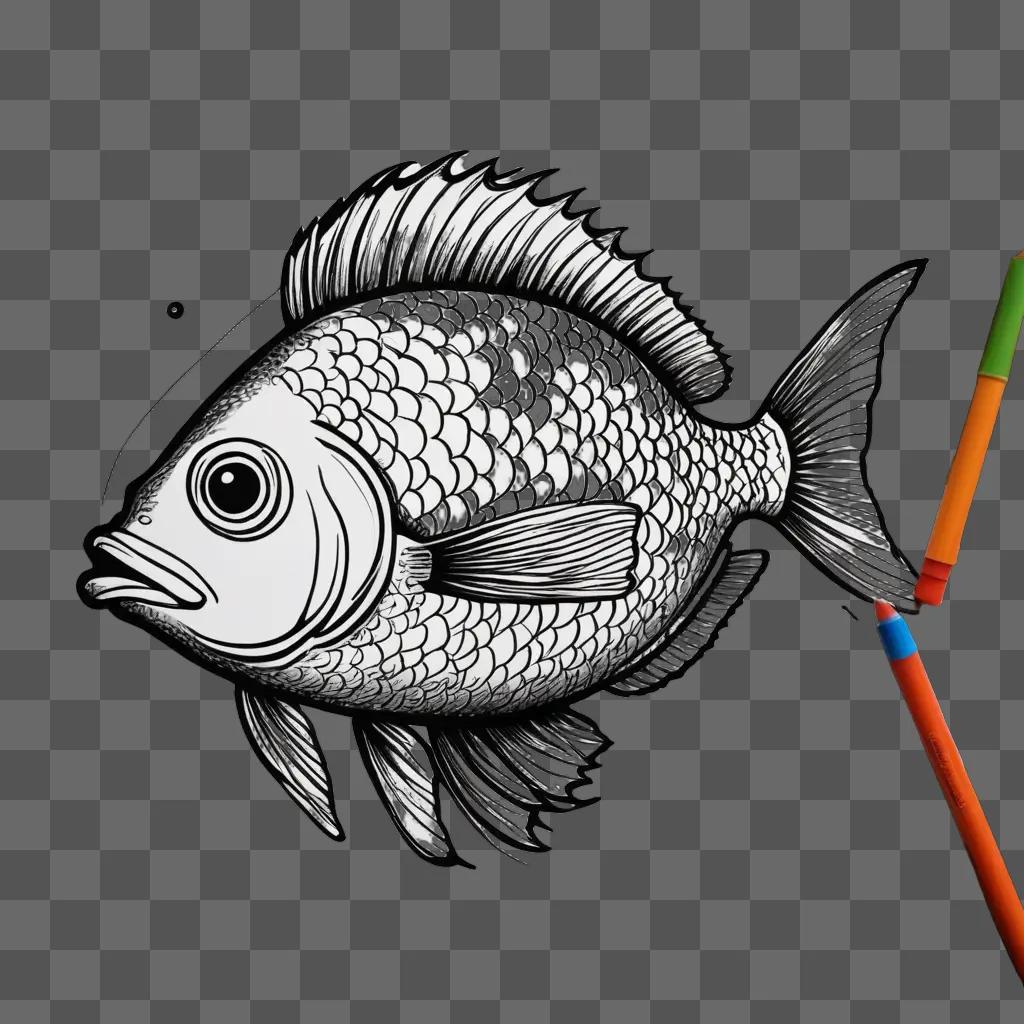 A black and white drawing of a fish on a dark background