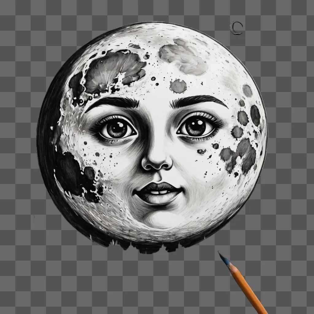 A black and white drawing of a moon with a face