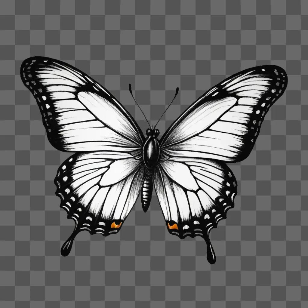 A black and white drawing of a simple butterfly