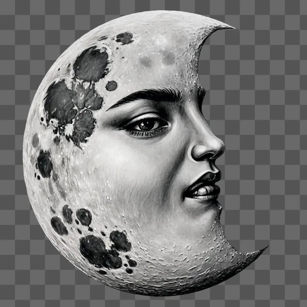 A black and white moon drawing of a womans face