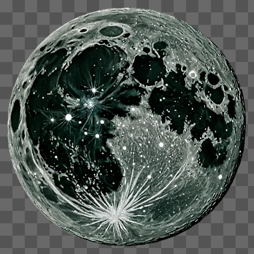 A black and white moon drawing with colour