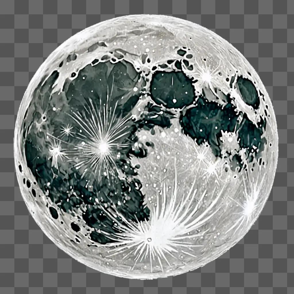 A black and white moon drawing with colour