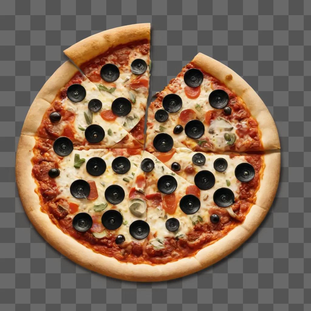 A black and white pizza clipart with black olives