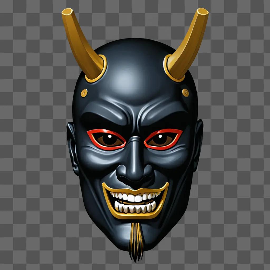 A black and yellow samurai mask on a black background