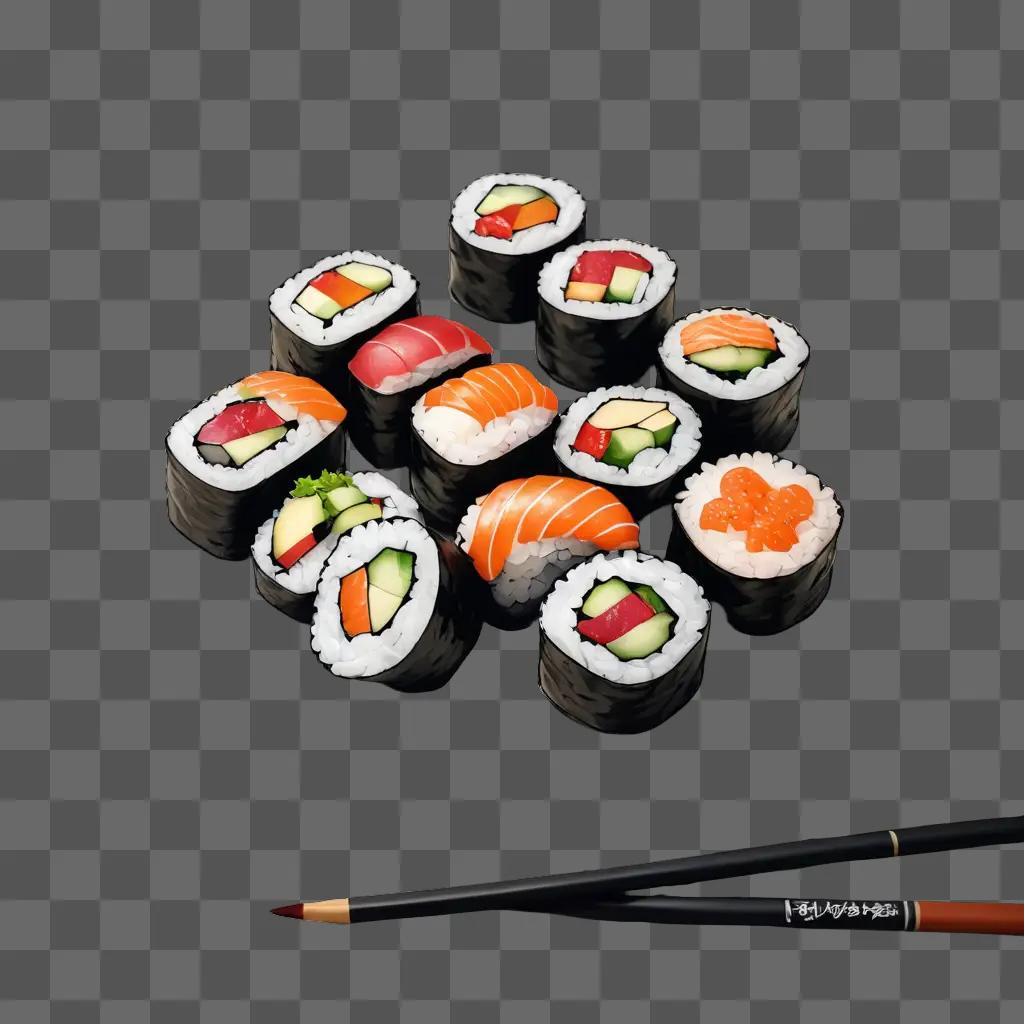 A black background with sushi sketches and chopsticks