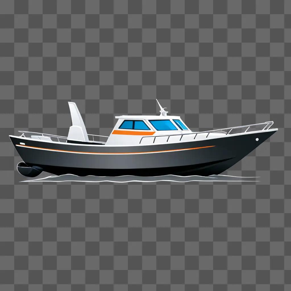 A black boat with orange trim on a gray background