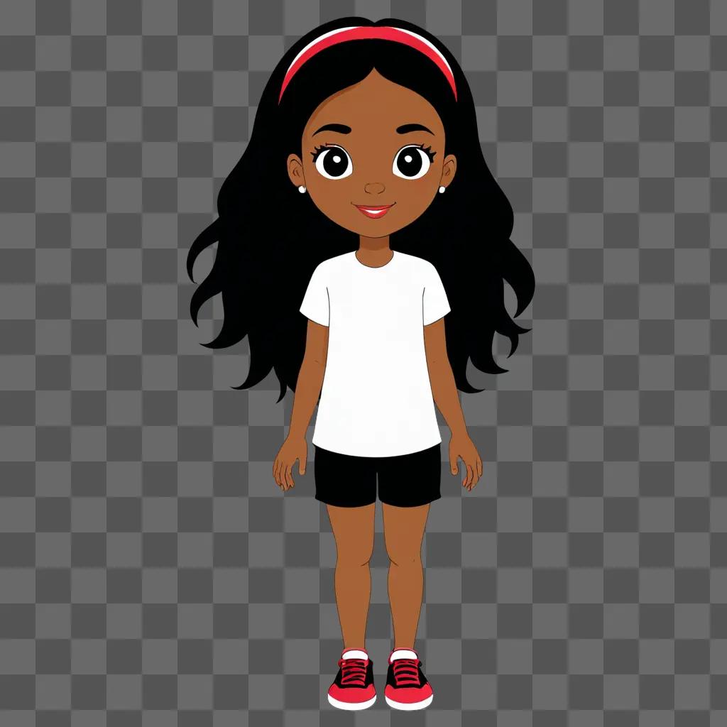 A black cartoon girl stands in front of a dark background