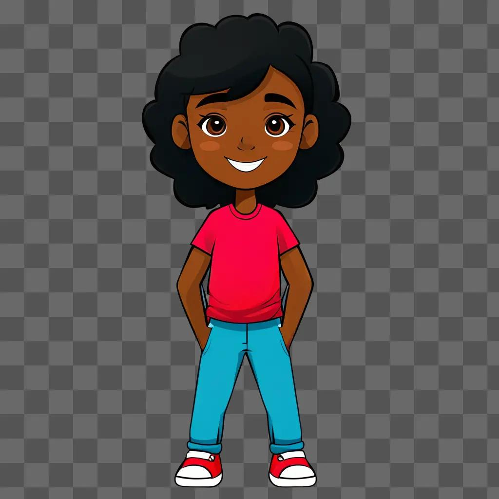 A black cartoon girl stands with her hands on her hips