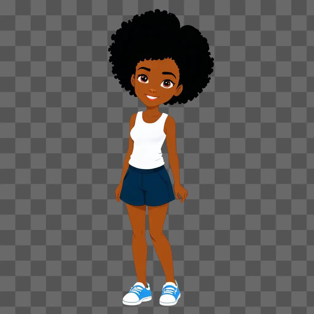 A black cartoon girl with a ponytail and blue shoes