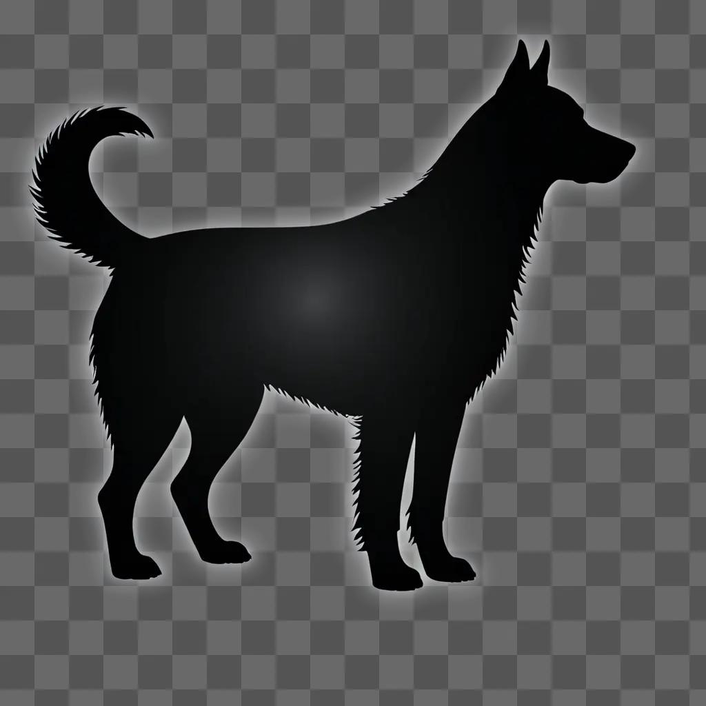 A black dog silhouette stands on a dark background