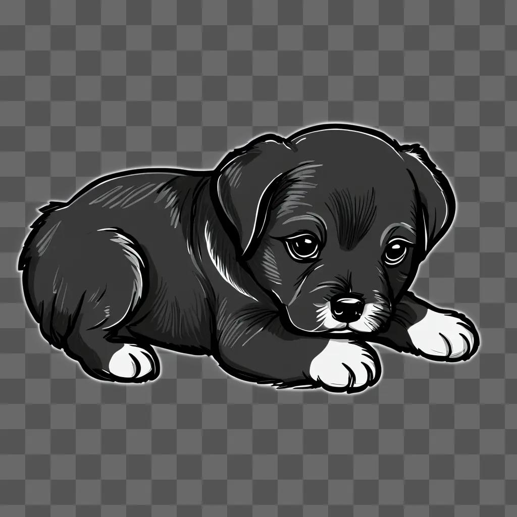 A black puppy is drawn on a dark background