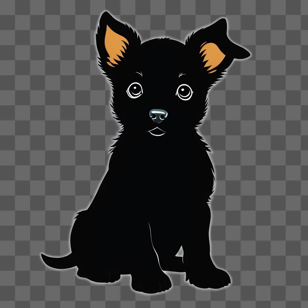 A black puppy sits in a darkened background